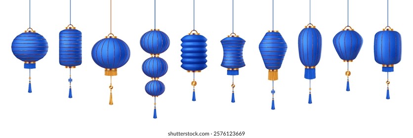 Blue Chinese lanterns with decorative tassels color icons set. Festive Asian paper lamps creating holiday vibes 3d objects bundle on white