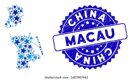 Blue Chinese Macau map collage of stars, and scratched round seal. Abstract geographic plan in blue color tinges. Vector Chinese Macau map is designed of blue stars.