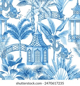 Blue Chinese pagoda, dragon and palm trees seamless pattern. Chinoiserie wallpaper.	