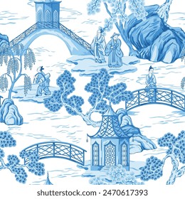 Blue Chinese pagoda, people, water and trees seamless pattern. Chinoiserie wallpaper.	
