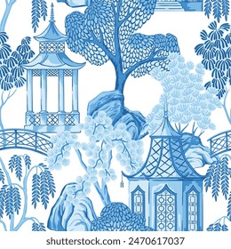 Blue Chinese pagoda and trees seamless pattern. Chinoiserie wallpaper.