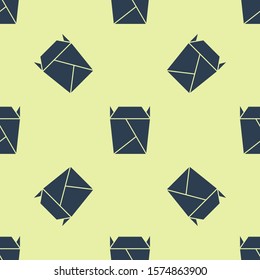 Blue Chinese restaurant opened take out box filled icon isolated seamless pattern on yellow background. Take away food.  Vector Illustration