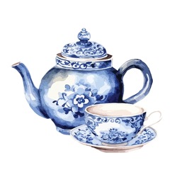 Blue Chinoiserie Tea Pot And Tea Cup In Watercolor