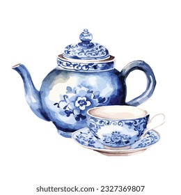 blue chinoiserie tea pot and tea cup in watercolor