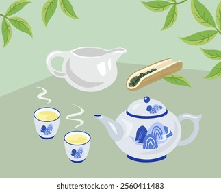 blue chinoiserie tea set and tea ceremony tools. Kettle for making good tea. flat design vintage drinks concept. 