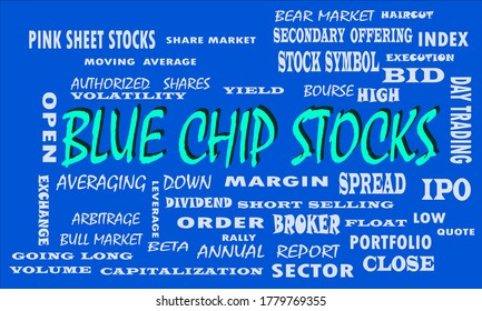 Blue Chip Stocks A Share Market Related Text Cloud Presented On Colorful Vector Abstract For Magazine Prints.