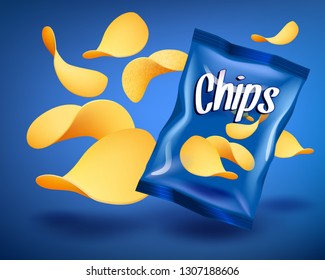 Blue chips package mockup with yellow crispy snacks, advertising composition concept, realistic natural potatoes chips, vector illustration