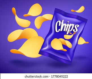 Blue chips package mockup with yellow crispy snacks, advertising composition concept, realistic natural potatoes chips, vector illustration