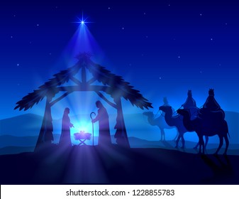 Blue christian Christmas background. Birth of Jesus, shining star and three wise men, illustration.