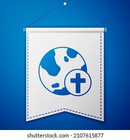 Blue Christian cross with globe Earth icon isolated on blue background. World religion day. White pennant template. Vector