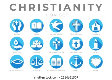 Blue Christianity Icon Set with Faith, Bible, Crucifixion , Baptism, Church, Resurrection, Holy Spirit, Saints, Commandments,Light, Protection, Justice, Safety and Love Color Icons