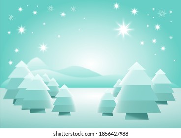 Blue Christmas backdrop. Night with pine trees, mountains stars and sky light. Background
