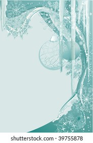 Blue christmas background with balls, ice and snowflakes.