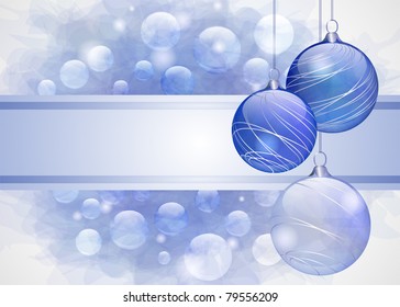 Fondo azul de Navidad con bolas, luces y espacio para copiar