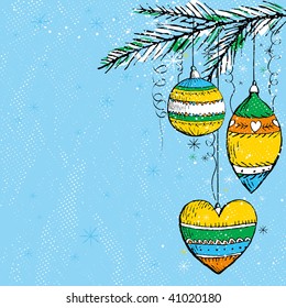 blue christmas background with christmas balls,  vector illustration