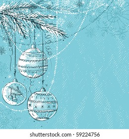 blue christmas background with christmas balls,  vector illustration