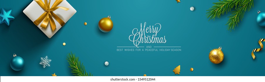 Blue Christmas background, banner, frame, header, background or greeting card design. Vector Illustration