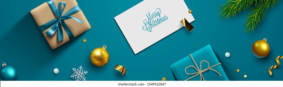 Blue Christmas background, banner, frame, header, background or greeting card design. Vector Illustration