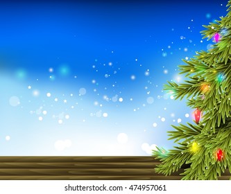 blue christmas background with baubles and christmas tree 