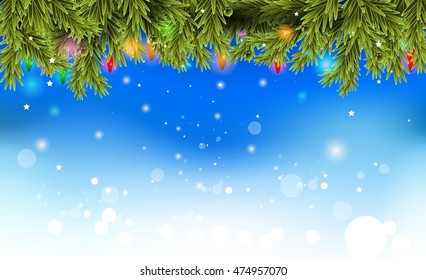 blue christmas background with baubles and christmas tree