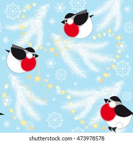 Blue christmas background with bullfinches and spruce branches, seamless vector pattern