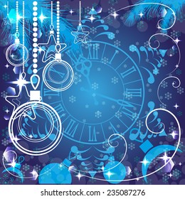 blue Christmas background with clock , vector illustration 