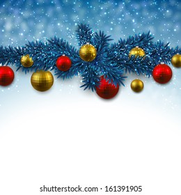 Blue christmas background with colorful decorative balls on fir branches. Vector illustration. 