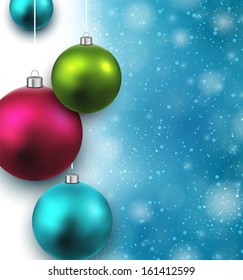 Blue christmas background with colorful decorative balls. Vector illustration. 