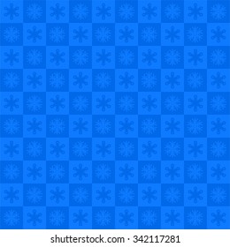 Blue Christmas background of dark and light blue squares with light and dark snowflakes alternately in a row and below each other