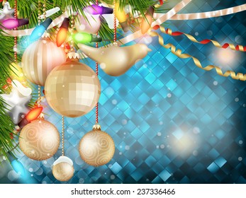 Blue Christmas background of de-focused lights with decorated tree. EPS 10 vector file included