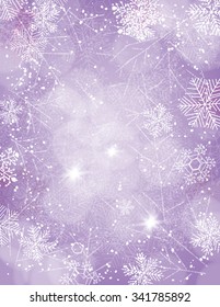 Blue Christmas background with falling snow, hand drawn snowflakes and lights. Vector illustration contains gradient meshes.