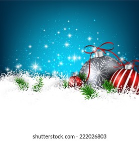 Blue christmas background with fir branches and balls. Vector illustration. 