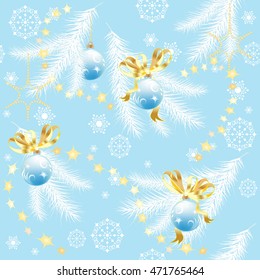 Blue Christmas background with fir branches and Christmas balls, vector seamless pattern
