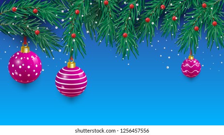 Blue Christmas background with fir twigs and balls. Xmas baubles.Vector illustration. Blue Christmas background