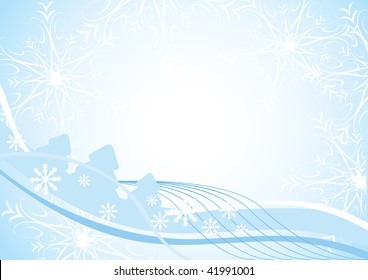 Blue Christmas background with fir-trees, snowflakes and space for text. Vector illustration for your design.