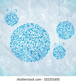 Blue Christmas background with four abstract floral balls. New year vector design, vintage card style on textured grunge grey background.