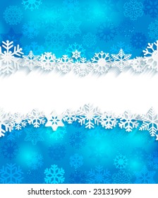 Blue Christmas background with frame and paper snowflakes, vector.