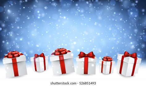 Blue Christmas background with gifts and snow. Vector illustration.