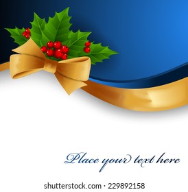 Blue Christmas background with gold bow and holly