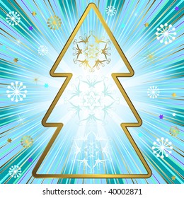 Blue christmas background with golden frame, beams and snowflakes (vector)