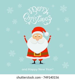 Blue Christmas background with happy Santa Claus and snowflakes. Text Merry Christmas and Happy New Year, illustration.