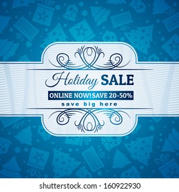 blue christmas background and label with sale offer, vector illustration