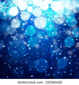 Blue Christmas background with light, bokeh and snowflakes. Vector illustration