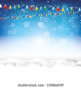 Blue Christmas background with lights and snow