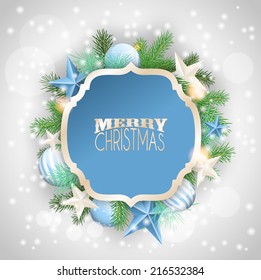 Blue christmas background with blue ornaments and branches, vector illustration eps 10 with transparency and gradient meshes