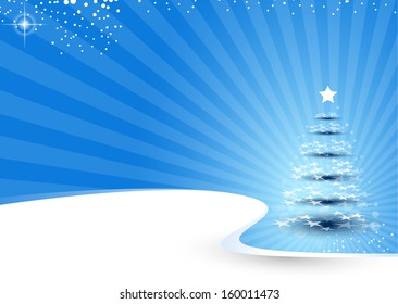 blue christmas background with rays and tree