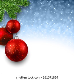 Blue christmas background with red decorative balls on fir branches. Vector illustration. 