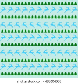 Blue Christmas Background - reindeer, Christmas trees. Vector illustration