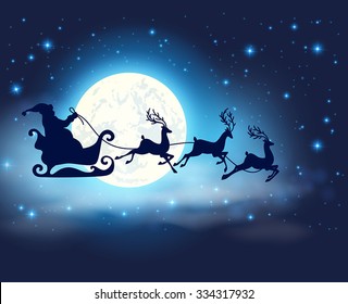 Blue Christmas Background With Santa Claus, Deers And Full Moon