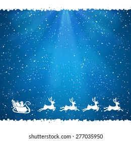 Blue Christmas background with Santa and falling snow, illustration.